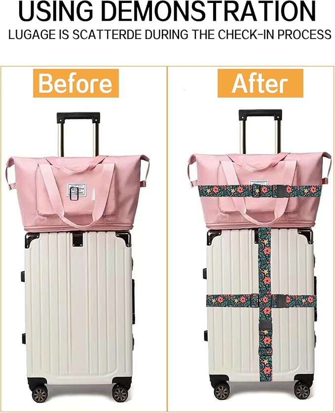 Luggage Straps for Suitcases, Adjustable Travel Belt, Durable Wide Luggage Strap, Cute Suitcase Strap Identifiers with Buckle, Bag Straps for Luggage, Cute Boho Flowers