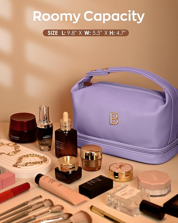 Initial Makeup Bag Personalized Bags with Handle, Waterproof Double Layer Cosmetic Bag, Large Capacity PU Leather Makeup Bags Letter Travel Toiletry Bag with Makeup Brush Organizer