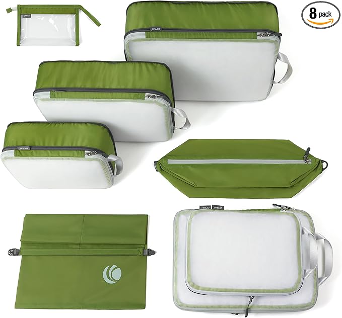 Cipway Compression Packing Cubes Mesh, Lightweight Luggage Organizer Bags with Laundry Bag,Toiletries Bag and Shoe Bag, Travel Essentials for Carry on Suitcase（8 Pcs,Green）
