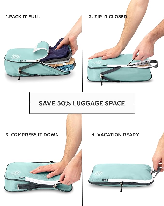 Large Compression Packing Cubes 6 Piece Set for Travel with Lightweight Laundry Bag/Drawstring Backpack for Carry-On Suitcase (Teal/White)