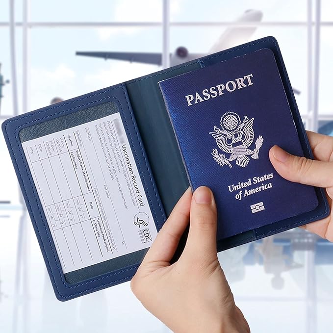 TIGARI Passport Holder for Travel Women Men, PU Leather Passport Wallet Cover Case Sleeve, Waterproof Protected Document Organizer, Family Vacation Plane Cruise Travel Essentials-Blue