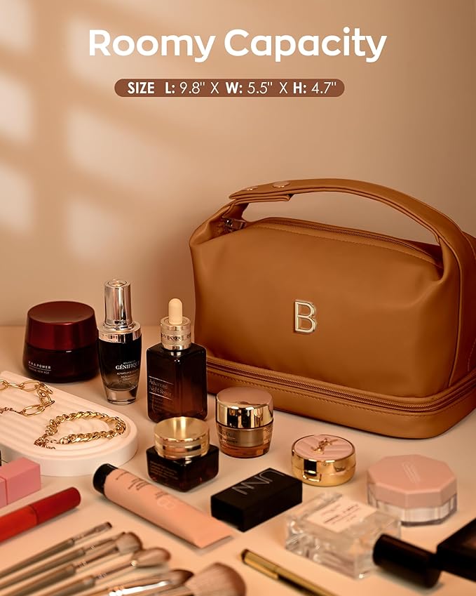 Women Birthday Gifts, Personalized Makeup Bag with Handle, Initial Double Layer Cosmetic Bag with Makeup Brush Organizer, Cute Cosmetic Pouch for Women, Gifts for Friends Female Mom