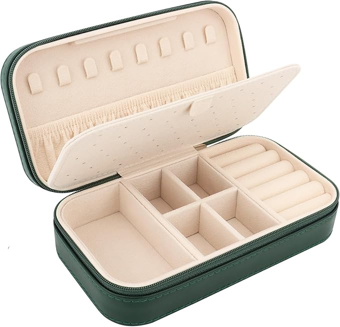 DesignSter Travel Jewelry Box, PU Leather Portable Jewelry Case, Small Jewelry Boxes for Gifts, Travel Jewelry Organizer for Women Rings Earrings Necklaces Bracelets (Dark Green)