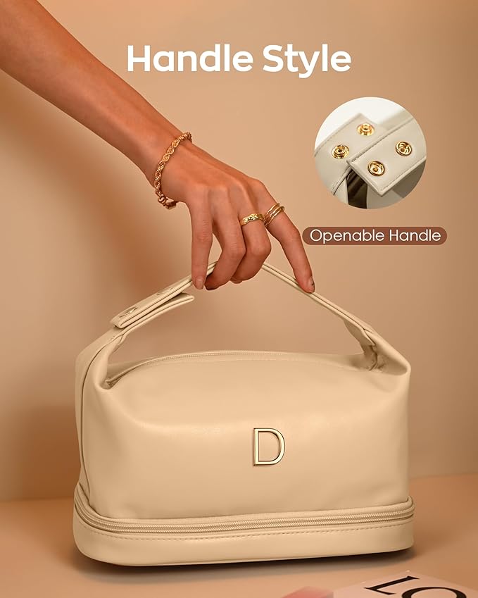 Letter Makeup Bags, Personalized Bags with Handle, Waterproof Double Layer Cosmetic Bag, Large Capacity PU Leather Makeup Bags Letter Travel Toiletry Bag with Makeup Brush Organizer