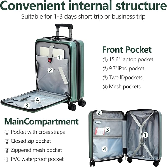 TydeCkare 20 Inch Carry On Luggage with Front Pocket, 21.65 * 15.35 * 7.87" Suitable for Airplane Overhead Bin, 34L Lightweight PC+ABS Hardshell with YKK Zipper, TSA Lock Approved, Dark Green