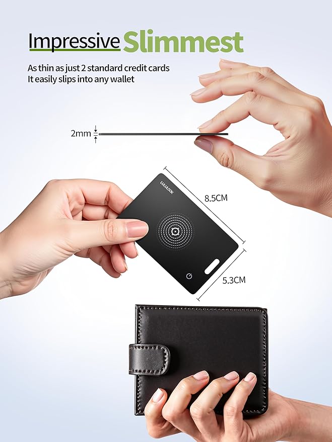 LULULOOK Wallet Tracker Card, Ultra Slim Airtag Wallet Works with Apple Find My (iOS Only), Wireless Rechargeable GPS Smartcard Tracker for Luggage, Tags, Passport, Purse, IP68 Waterproof, 1 Pack