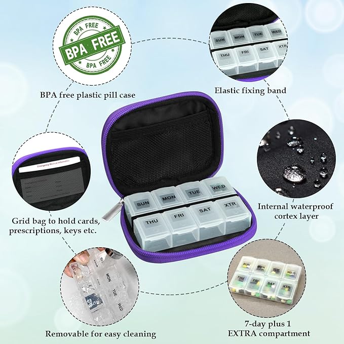 Serfeymi Weekly Travel Pill Organizer Pill Case for Purse with Removable 7 Day Pill Box, Fashionable Travel Medicine Organizer Pill Container for Medicine, Vitamin, Supplement - Purple 01 + Pill Box