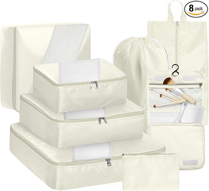 WVM Packing Cubes for Travel, 8 Set Luggage Organizer Bags with Shoe Bag, Toiletry Bag & Laundry Bag, Travel Accessories Essentials Packing Organizer, Beige