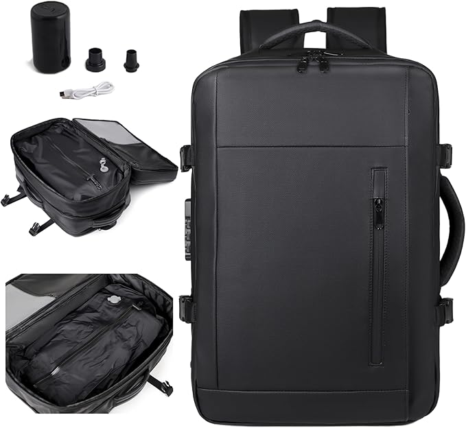 Vacuum-sealed travel computer backpack, Water-Resistant, With vacuum pump, Multiple Compartments, Anti-theft combination lock (Green)