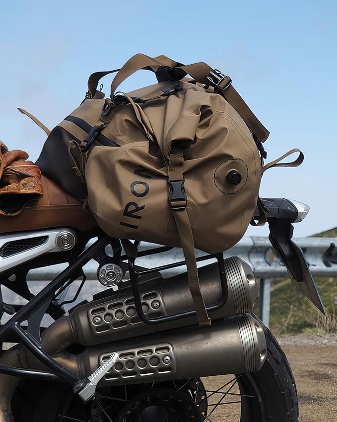 IRON JIA'S Motorcycle Dry Bag - Waterproof Duffle & Luggage Tail Bag Saddle Bags with Roll Top Closure, Shoulder Straps, Inner Pocket and Mesh Pocket (Brown, 50L)