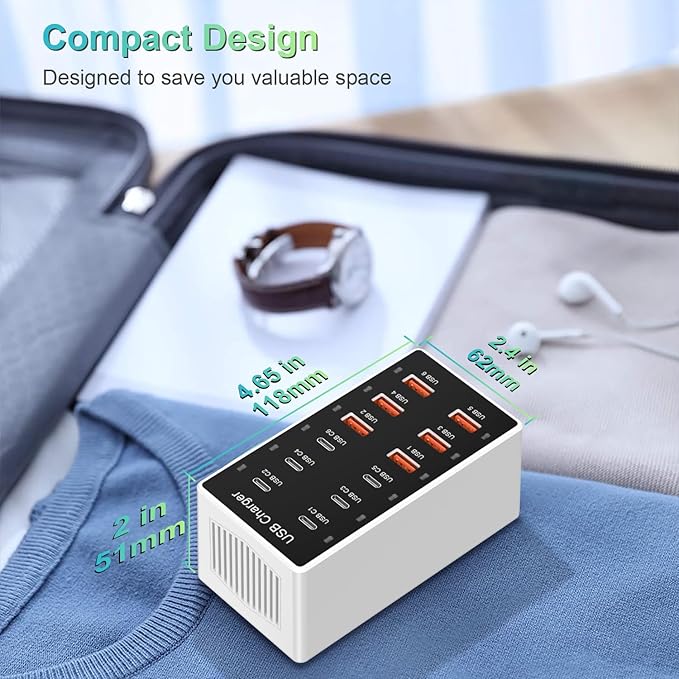 USB C Charger 12-Ports Charging Station for Multiple Devices - Wall Power Hub Strip Smart Plug Dock Block 6A 6C for iPhone Xs/XR, iPad, iPod, Laptops and Smart Phones 60W