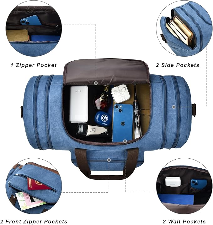 Litvyak Duffle Bag for Travel, 50L Canvas Travel Duffel Bags Overnight Weekend Gym Carry On Luggage Bag for Men & Womenn(Blue+Toiletry Bag)
