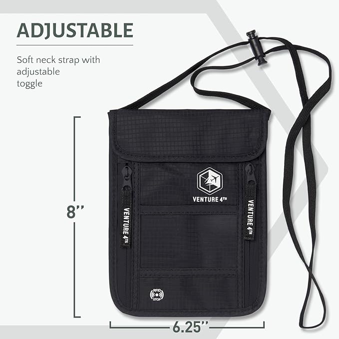 VENTURE 4TH Passport Holder Neck Wallet with RFID Blocking Nylon Lining - Hidden Neck Pouch for Travel (Pure Black)