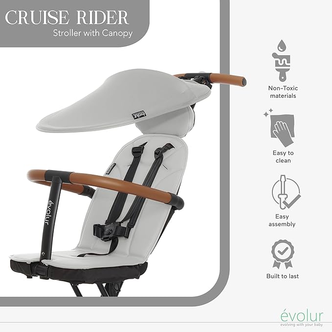 Evolur Cruise Rider Stroller with Canopy, Lightweight Umbrella Stroller with Compact Fold, Easy to Carry Travel Stroller - Koala Gray