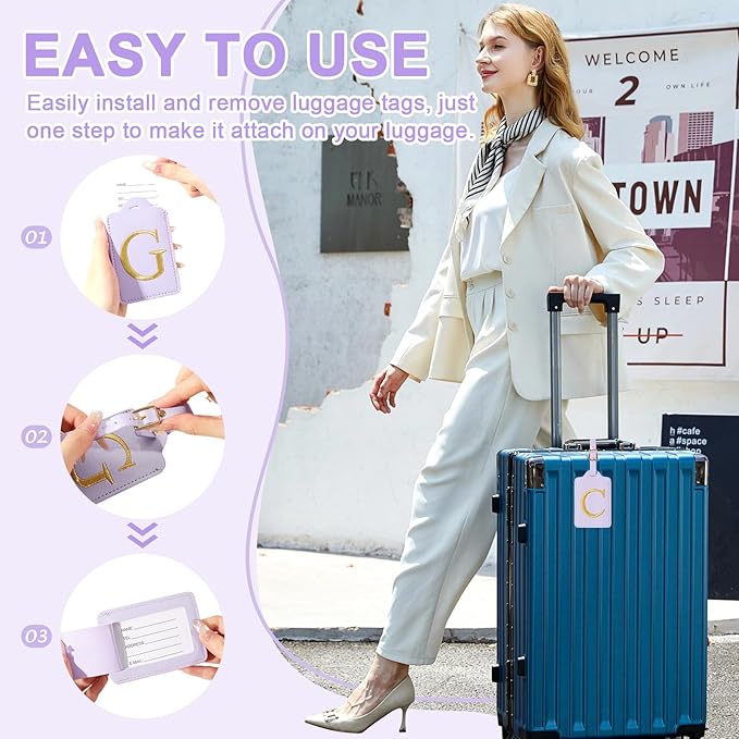 Personalized Initial Luggage Tags for Suitcase, Purple Leather Cute Luggage Tags with Privacy Cover Name Card, Embroidered Custom Monogrammed Luggage Tag Travel Backpack Tags Gifts for Women Kids(C)
