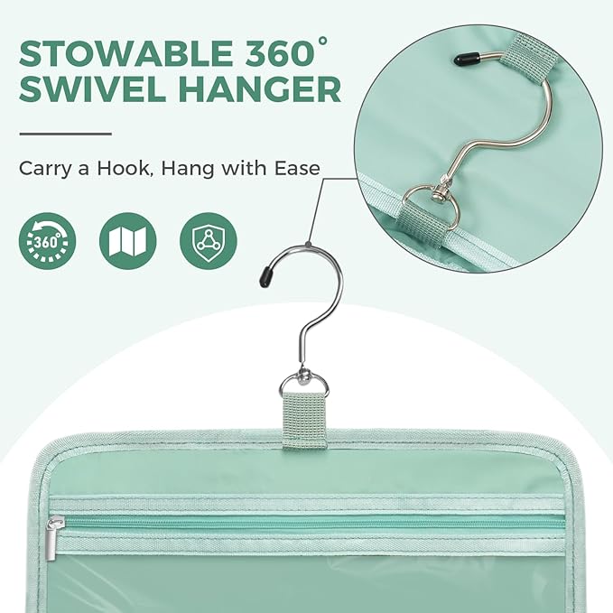 Toiletry Bag For women,Portable Hanging Organizer,4 Leakproof Compartment for full-sized Conditioner, Brushes Set, Makeup Accessories,Visible and easy to access.M-mint