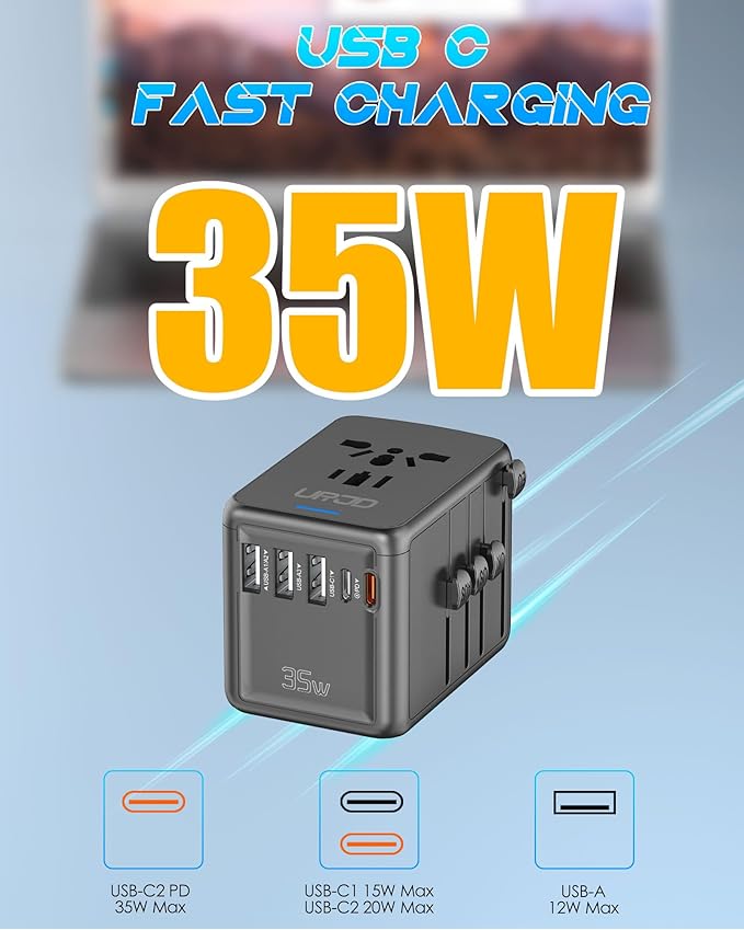 Universal Travel Adapter 35W PD Fast Charging Offers 3 USB-A Ports, 2 USB-C Ports and Multi AC Outlet, International Plug Adapter Worldwide Travel Charger All in One for EU US UK AUS