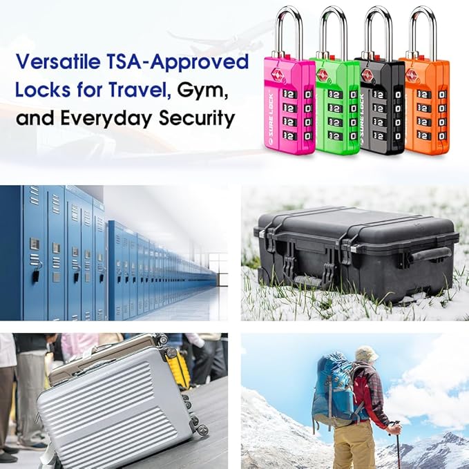 SURE LOCK TSA-Approved 4-Digit Resettable Combination Luggage Lock with Open Alert, Easy-Read Dials - for Luggage, School Lockers, Gym, Office, Toolbox & Security Cases (Purple 2 Pack)