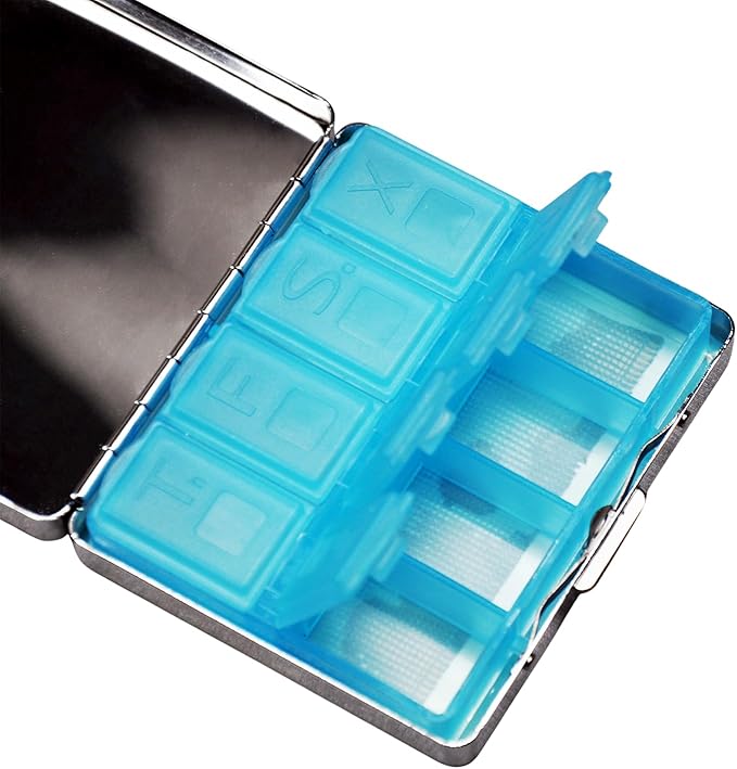 Cute and Portable Metal Pill Organizer – 8 Compartments, Elegant Chrome Finish, Ideal for Travel and Daily Use (Beware Poison Skeletons)