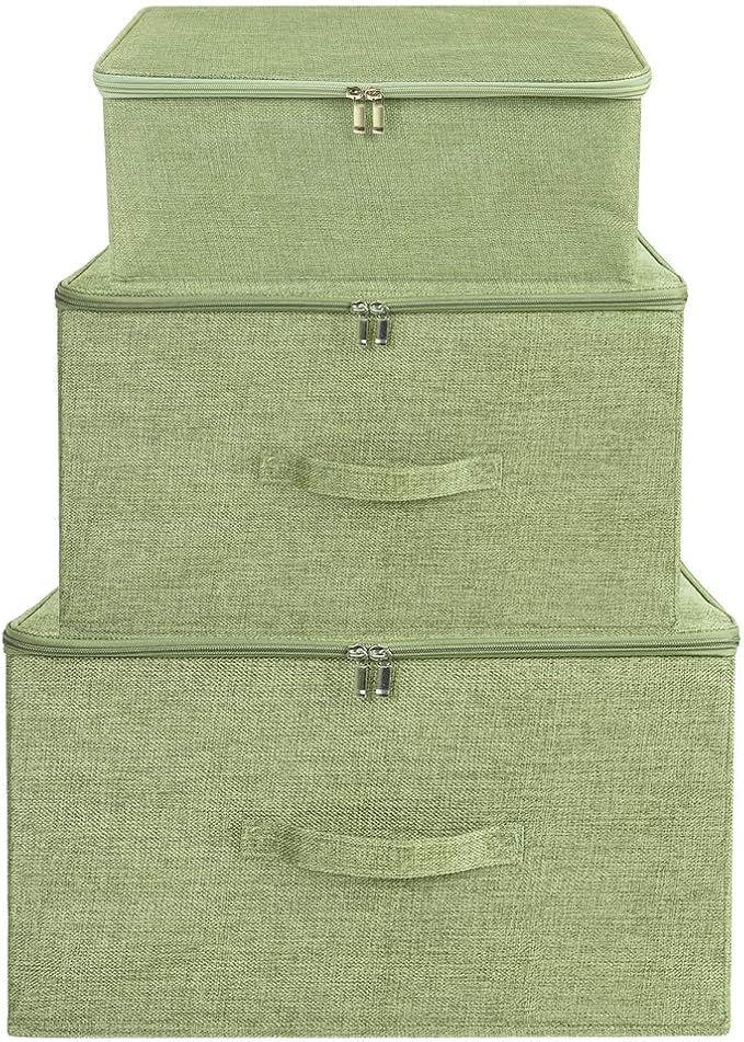 ANMINY 2PCS Storage Bins with Zipper Lids 36 Qt Lidded Fabric Storage Boxes Baskets Cubes with Handles Collapsible Washable Cotton Linen Closet Shelf Clothes Organizer Containers - Green, Large