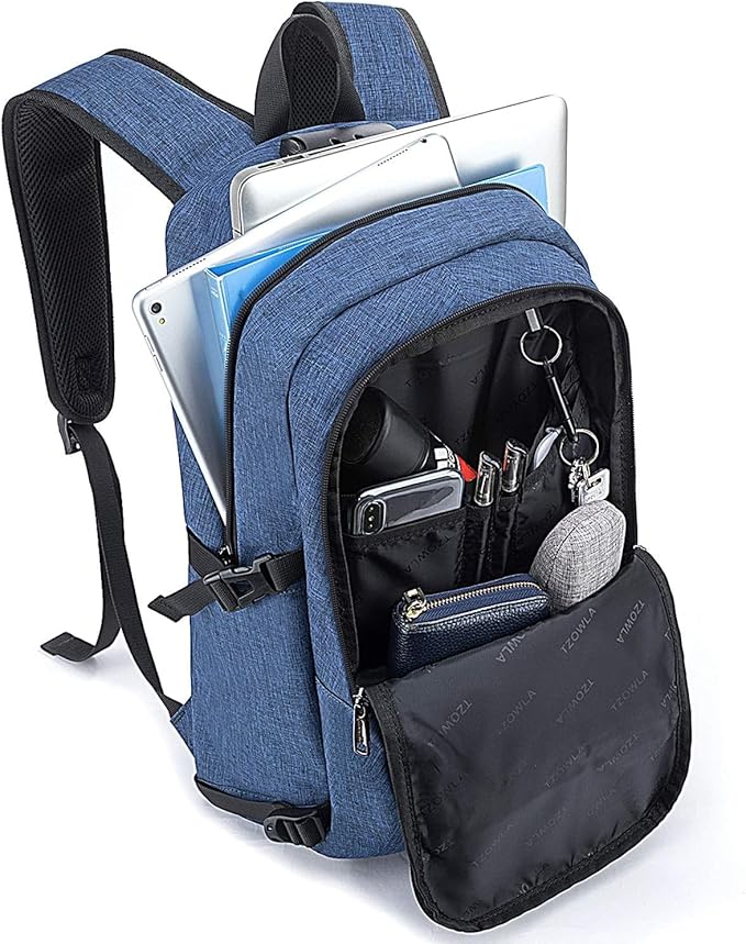 Tzowla Business Laptop Backpack Anti-Theft Backpack with USB Charging Port and Lock 15.6 Inch Computer Backpacks for Women Men, Casual Hiking Travel Daypack (Blue)