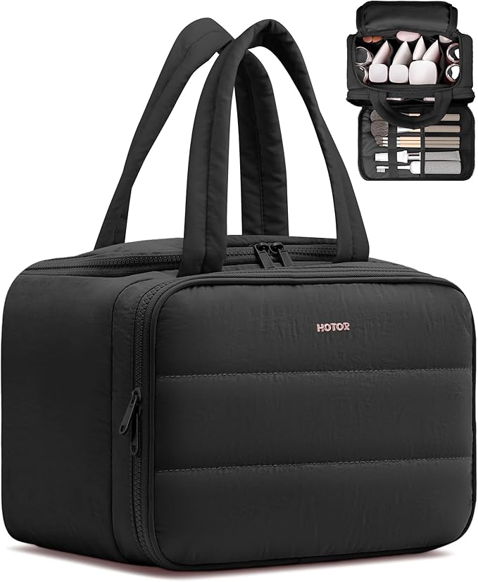 HOTOR Travel Toiletry Bag - Wide-Open Toiletry Bag for Women, Multi-Pocket Makeup Bag for Travel Essentials, Wet & Dry Separation Travel Accessories for Trip, Gym, 11.4" x 5.9" x 8.3", Black