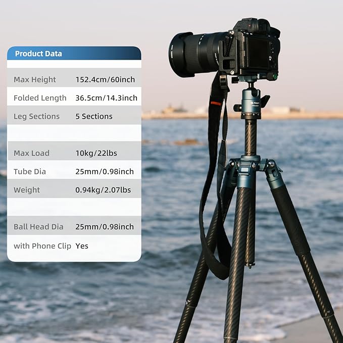 Fotopro Carbon Fiber Tripod 60 Inch 360 Degree Ball Head Quick Release Plate Lightweight Camera Tripod for Travel Tripod Folded Height Only 14.2",Max Loads up to 22lbs,Blue
