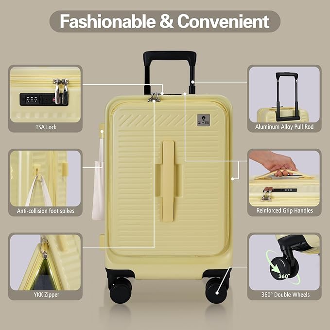 20 Inch Luggage with Spinner Wheels,Expandable Front Opening Suitcase 100% PC Hard Shell TSA Lock, Smooth Rolling Wheels, Lightweight Travel for Men and Women, Y03 Yellow Slightly Larger