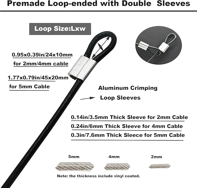 5 Pcs 4mm Wire 48 inch Vinyl Coated Stainless Steel Cable with Loops Short Wire Rope Lanyard Lock Security Chain Link for Outdoor Gates, Black(4mm x 48inch)