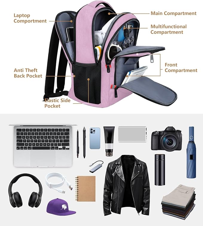 Pink Backpack for Women, School Backpacks for Girls Teen, Bookbag with USB Charging Port, College High School Backpack Fits 15.6 Inch Laptop, Casual Work Business Back Pack