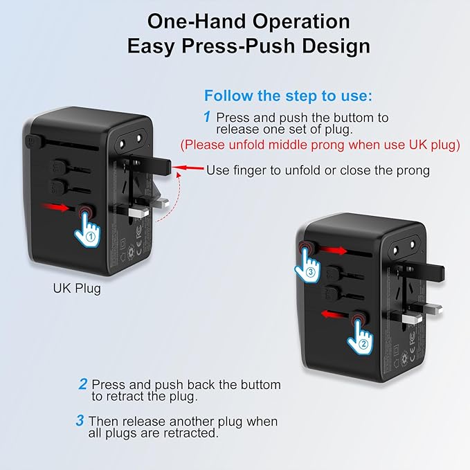 Universal Travel Adapter, PD 35W 7 in 1 International Power Plug Adapter with 7.0A 4 USB-C and 2 USB-A Fast Wall Charger, Worldwide AC Outlet for US Europe UK AUS (Black+Silver)