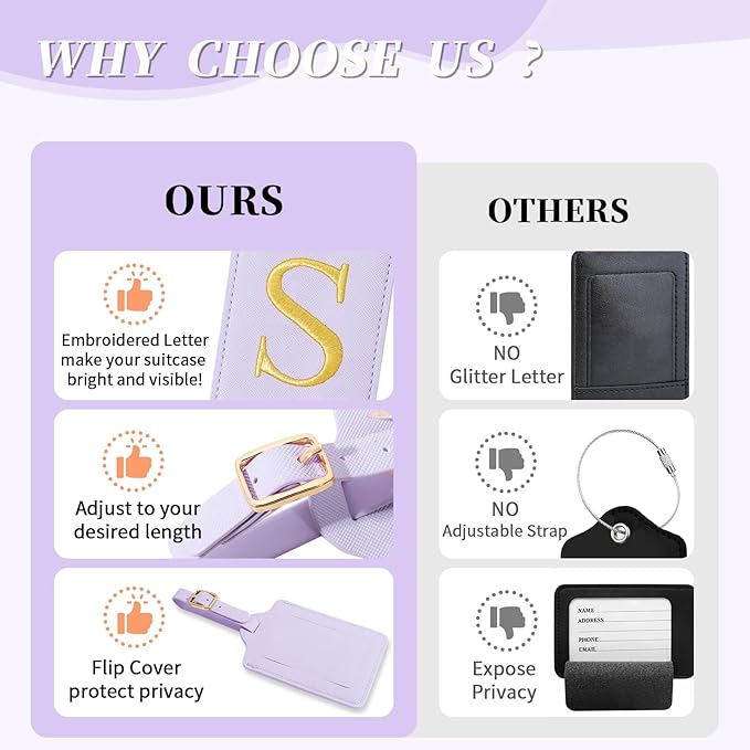 Personalized Initial Luggage Tags for Suitcase, Purple Leather Cute Luggage Tags with Privacy Cover Name Card, Embroidered Custom Monogrammed Luggage Tag Travel Backpack Tags Gifts for Women Kids(S)