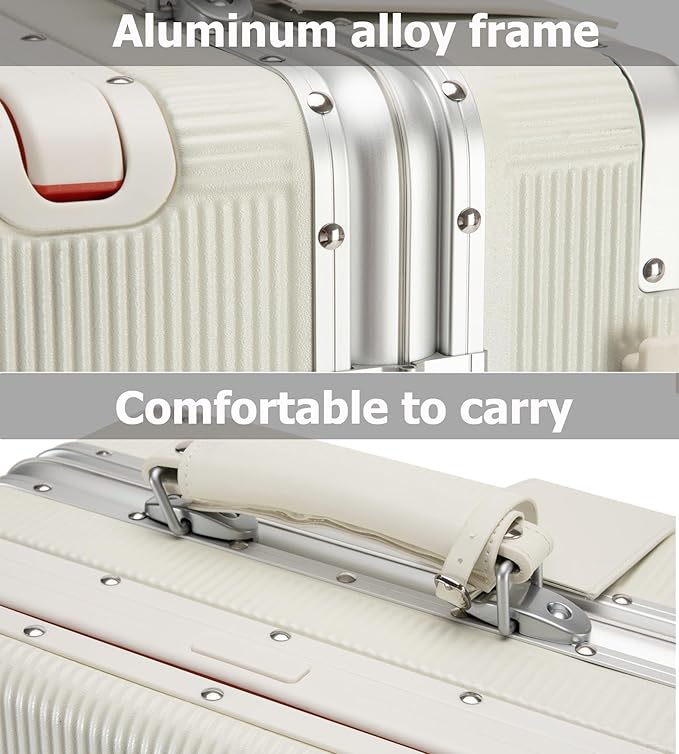 feilario 20'' Aluminum Frame Wide Handle PC Hardside Carry On Luggage - Double Spinner Wheels Luxury Rolling Travel Suitcase with TSA Lock & Cup Holder