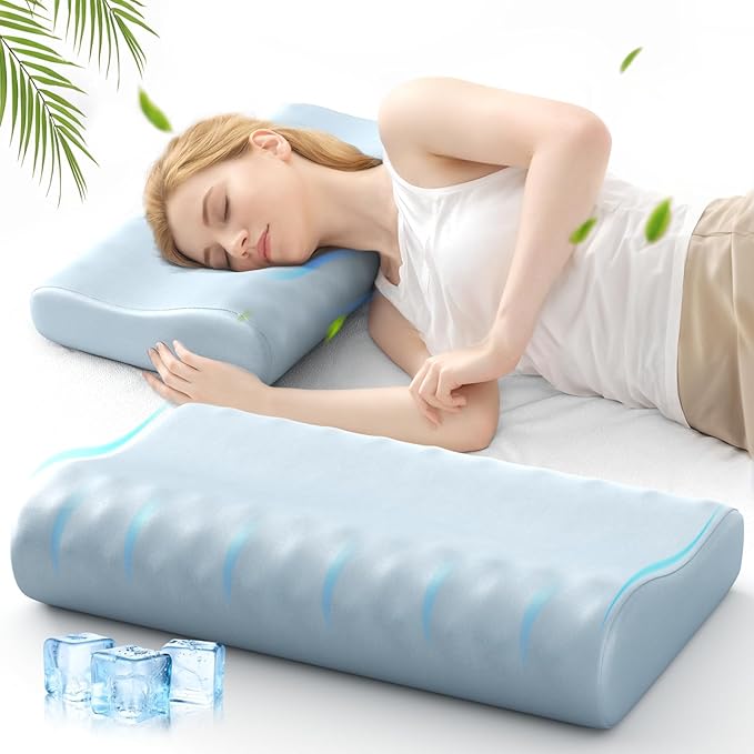Cervical Neck Pillow for Sleeping - Memory Foam Pillows, Orthopedic Pillow for Neck and Shoulder Pain, Adjustable Cooling Contour Pillow (Misty Blue, Queen)