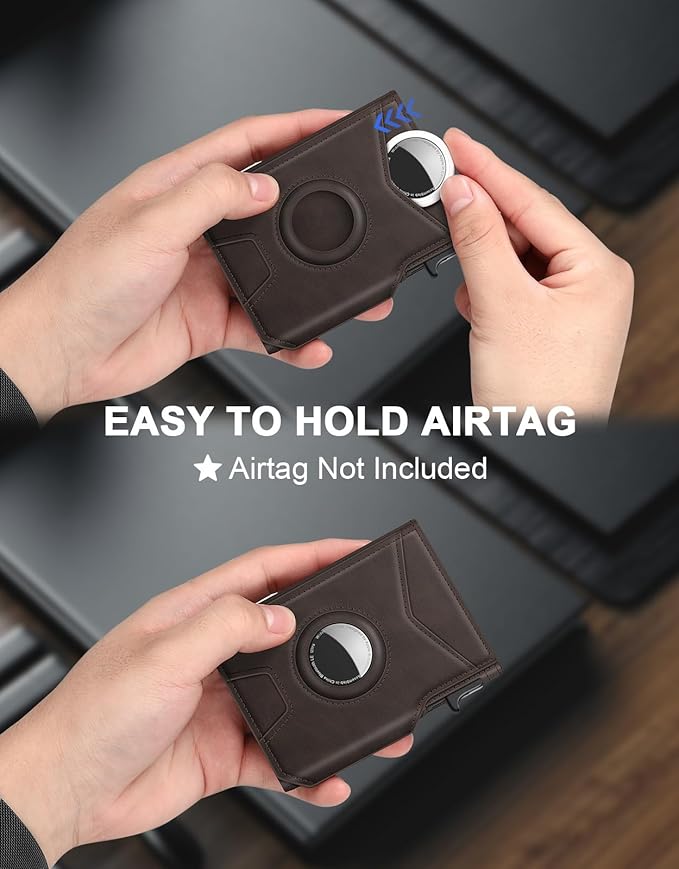 Airtag Wallet for Men, Minimalist Slim Mens Wallet Smart Pop Up Credit Card Holder for 9-13 Cards, RFID Blocking Wallet with ID Window & Cash Slot, Compact Bifold Metal Aluminum Card Case