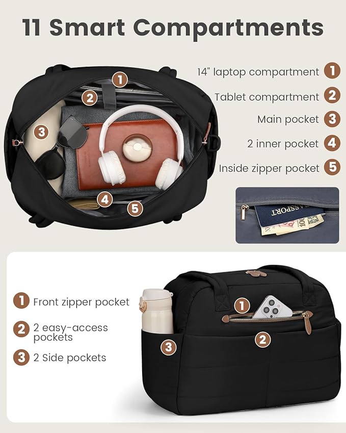 Travel Duffle Bag,Puffer Carry On Duffel Bag with Laptop Compartment Waterproof Overnight Weekender Bags for Women Large Hospital Tote Bags for Labor and Delivery(Medium,Black)