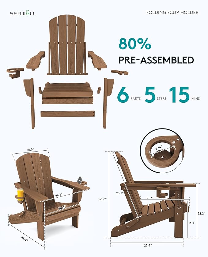 SERWALL Adirondack Chair with Cup Holders - Composite Adirondack Chairs Set of 8 HDPE Outdoor Chairs All Weather Use- Brown