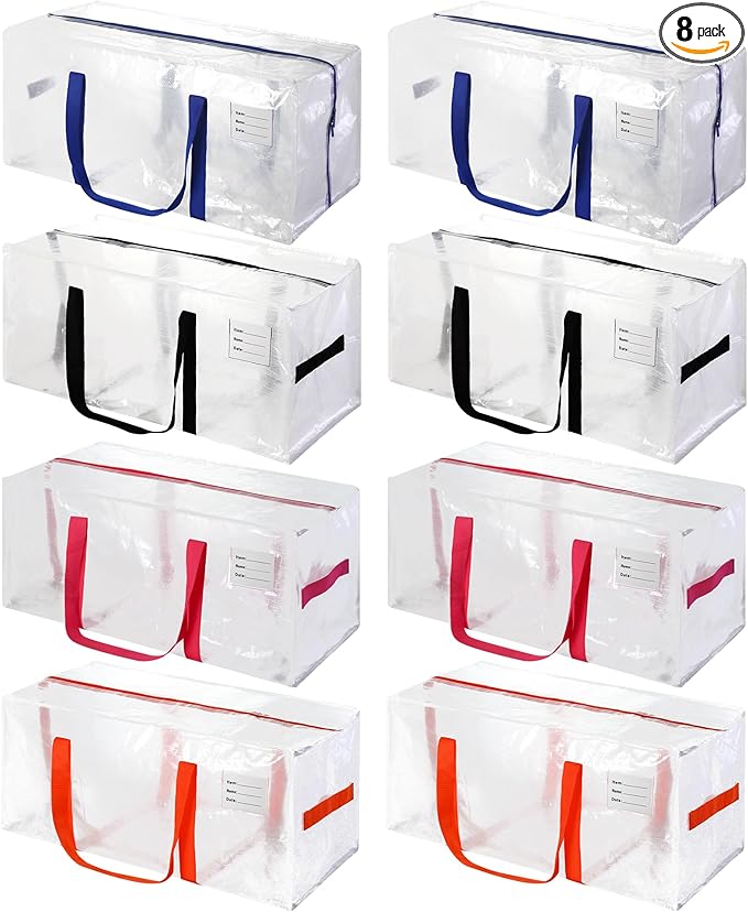 8 Pack Heavy Duty Extra Large Moving Bags with Multicolor Handles, Waterproof Foldable Storage Totes, Clothing Storage Bags, Packing Moving Boxes for College Supplies & Seasonal Storage, Clear