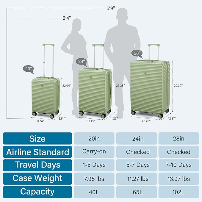 Hard Shell 20 Inch Carry on Luggage Expandable Travel Luggage, TSA Approved Luggage with Cup Holder Charger Built in, Lightweight Small Suitcases with Wheels, Bamboo Green