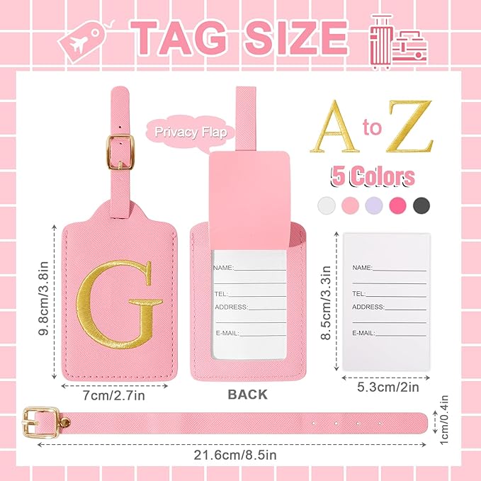 Personalized Initial Luggage Tags for Suitcase, Pink Leather Cute Luggage Tags with Privacy Cover Name Card, Embroidered Custom Monogrammed Luggage Tag Travel Bag Baggage Tags Gifts for Women Kids(G)