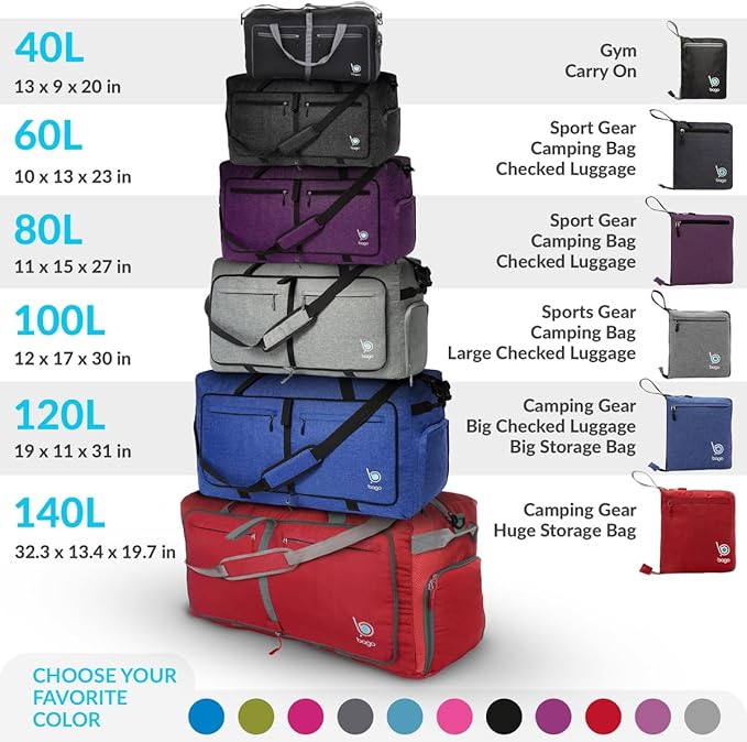 Bago Foldable Duffel Bags for Traveling Women & Men - 40L Sports Packable Duffle Bag for Travel with Shoe Compartment - Water Repellant, Heavy Duty, Lightweight Folding & Collapsible (Red)