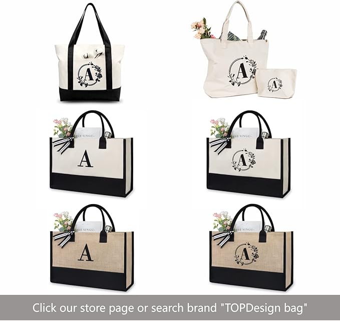 TOPDesign Initial Jute/Canvas Tote Bag, Personalized Present Bag, Suitable for Wedding, Birthday, Beach, Holiday, is a Great Gift for Women, Mom, Teachers, Friends, Bridesmaids (Letter A)