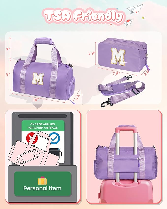 Easter Gifts for Teens Girls-Girl Gym Bag with Shoe Compartment, Kid Personalized Weekender Overnight Bags, Initial Travel Tote with Makeup Pouch, Gift for 3 4 5 6 7 Year Old Kids (Letter T)