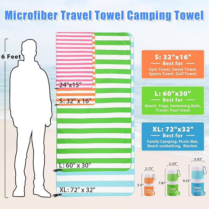 Sfee 2 in 1 Microfiber Beach Towel, Quick Dry Towel Camping Travel Towel Super Absorbent Compact Lightweight Sports Gym Towel Set for Beach, Gym, Hiking, Pool, Backpacking, Bath, Yoga