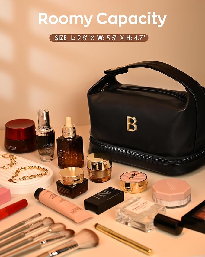 Initial Makeup Bag Personalized Bags with Handle, Gifts for Women In Their 20S Cosmetic Bag, Bridal Shower Gift for BrideMakeup Bags Letter Travel Toiletry Bag with Makeup Brush Organizer