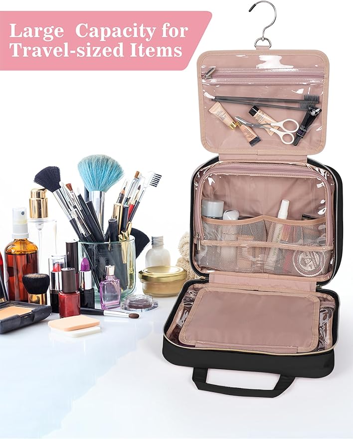 Black Toiletry Bag, Makeup Organizer, Travel Bag For Women Mens Toiletries, Waterproof with Hanging Hook, Large Capacity
