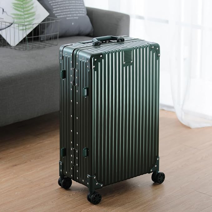 Metal All Aluminum Carry-on Luggage TSA Customs Lock Zipperless Silent Rotary Wheel Business Suitcase Aluminum Frame Set (dark green, 2Piece(20/26))