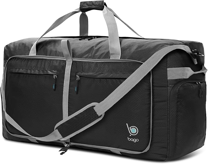 Bago Large Foldable Duffel Bags for Traveling Women & Men - 120L Packable Duffle Bag for Travel with Shoe Compartment - Water Repellant, Heavy Duty, Lightweight Folding & Collapsible (Black)