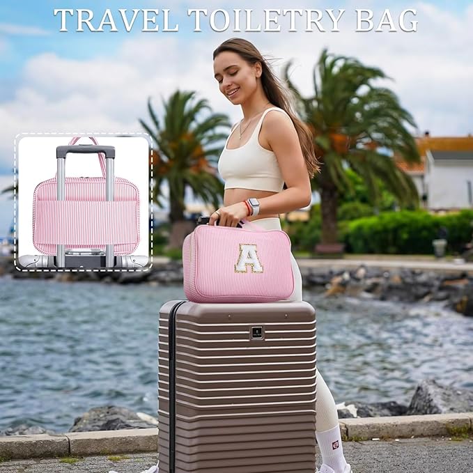 YOOLIFE Hanging Toiletry Bag - Large Capacity Personalized Travel Toiletry Bag for Women, Cruise Ship Essentials - Letter S, Pink