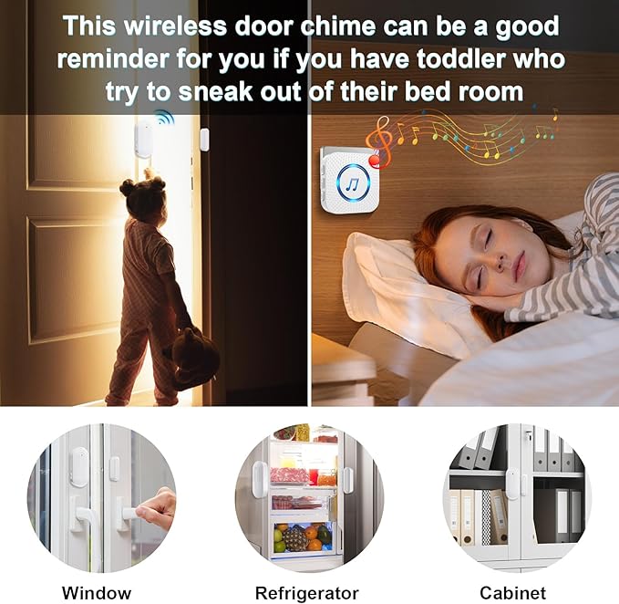 SanJie Door Chime, Door Open Contact Sensor Alarm with 500 FT Range,26 Chimes 5 Adjustable Volume for Business/Store/Home/Office When Entering 2 Receivers +1 Sensors